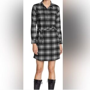 Eddie Bauer Midi Plaid Polyester Black And White Dress Long Sleeve Pockets 12